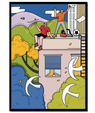 Youthful Adventure on Rooftop with Nature and Cityscape