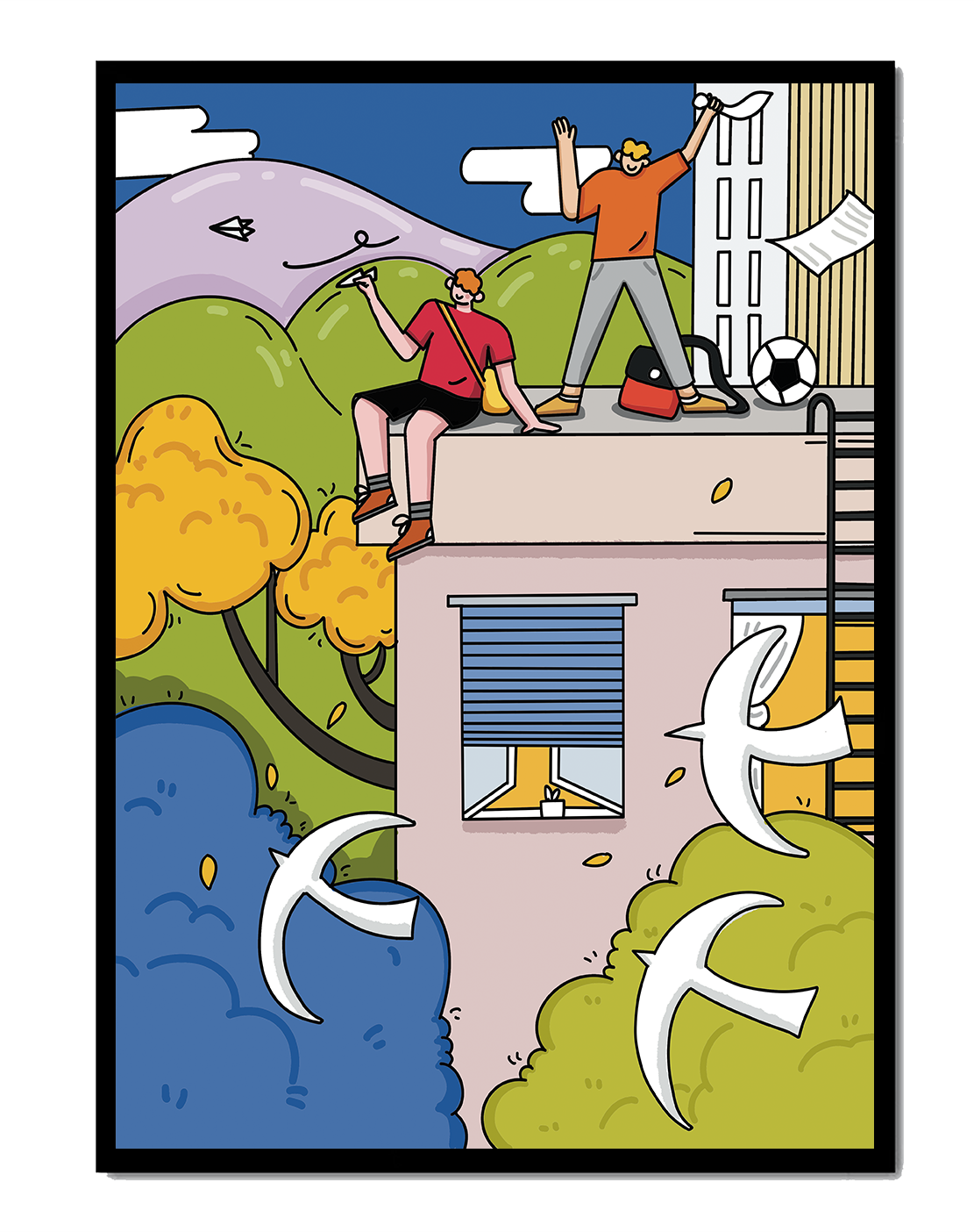 Youthful Adventure on Rooftop with Nature and Cityscape