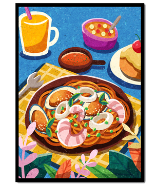 Escena ilustrativa de desayuno colorida con pasta y bebidas