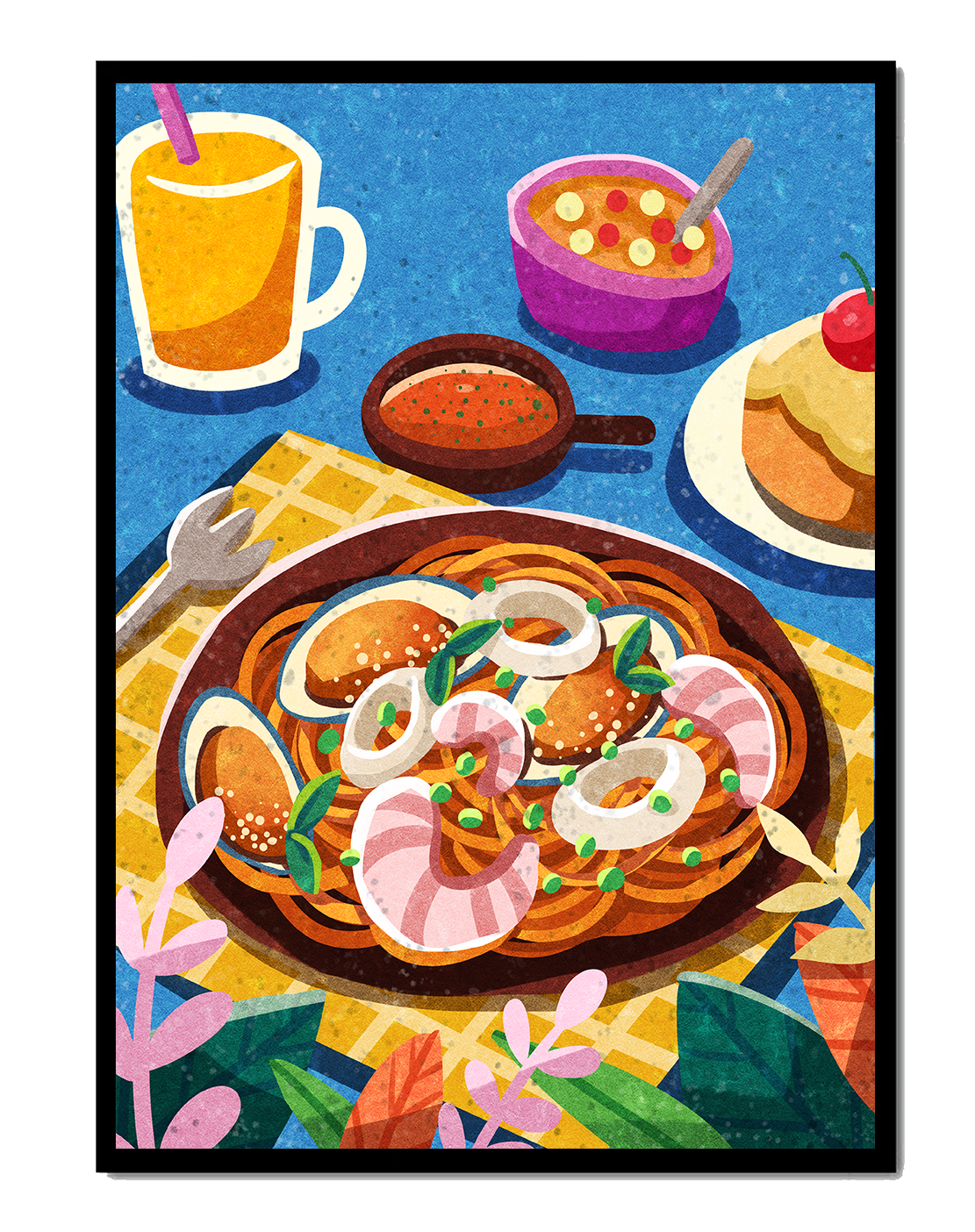Colorful Illustrative Breakfast Scene with Pasta and Drinks