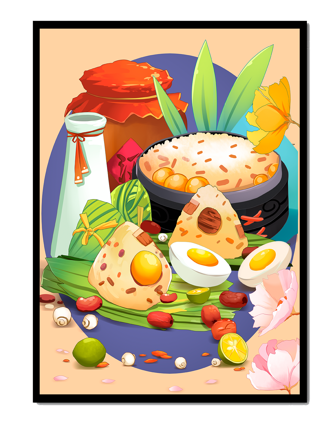 Traditional Asian culinary still life with rice and eggs