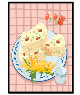 Illustration of layered cake on patterned plate with flowers and a cup