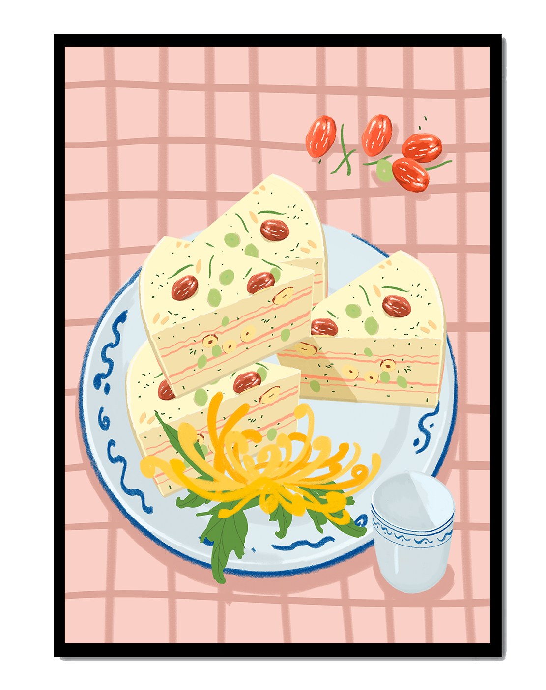 Illustration of layered cake on patterned plate with flowers and a cup