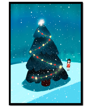 Winter scene with decorated Christmas tree and snowfall
