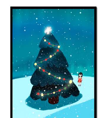 Winter scene with decorated Christmas tree and snowfall