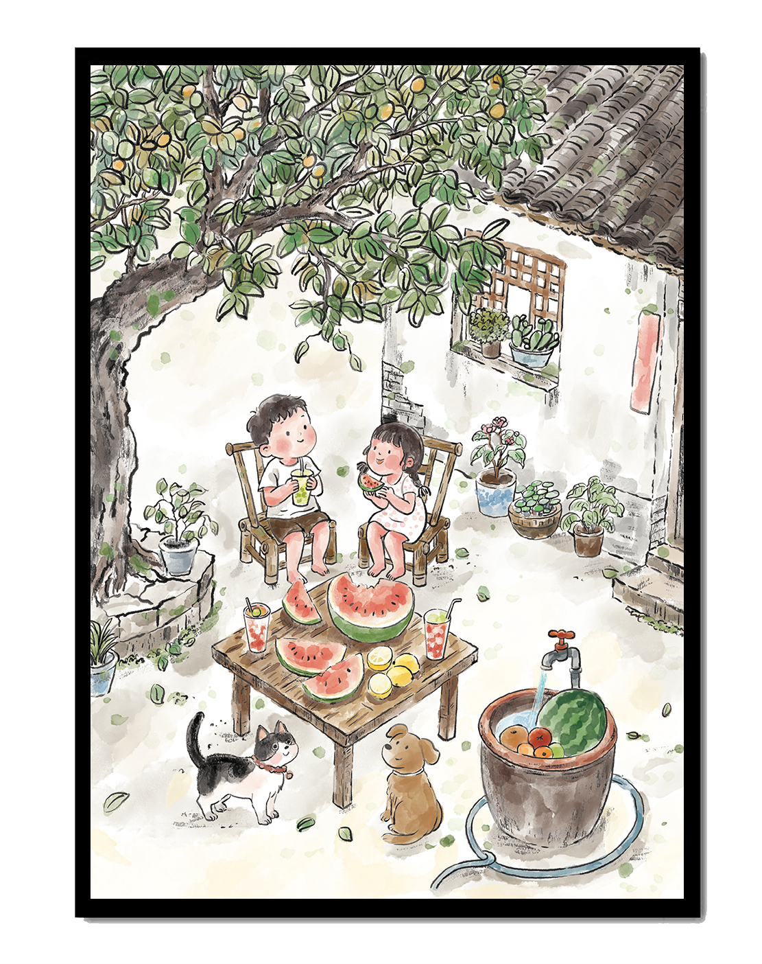 Cozy Summer Backyard Gathering with Watermelon and Pets