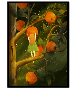 Little Girl Picking Oranges on a Starry Night