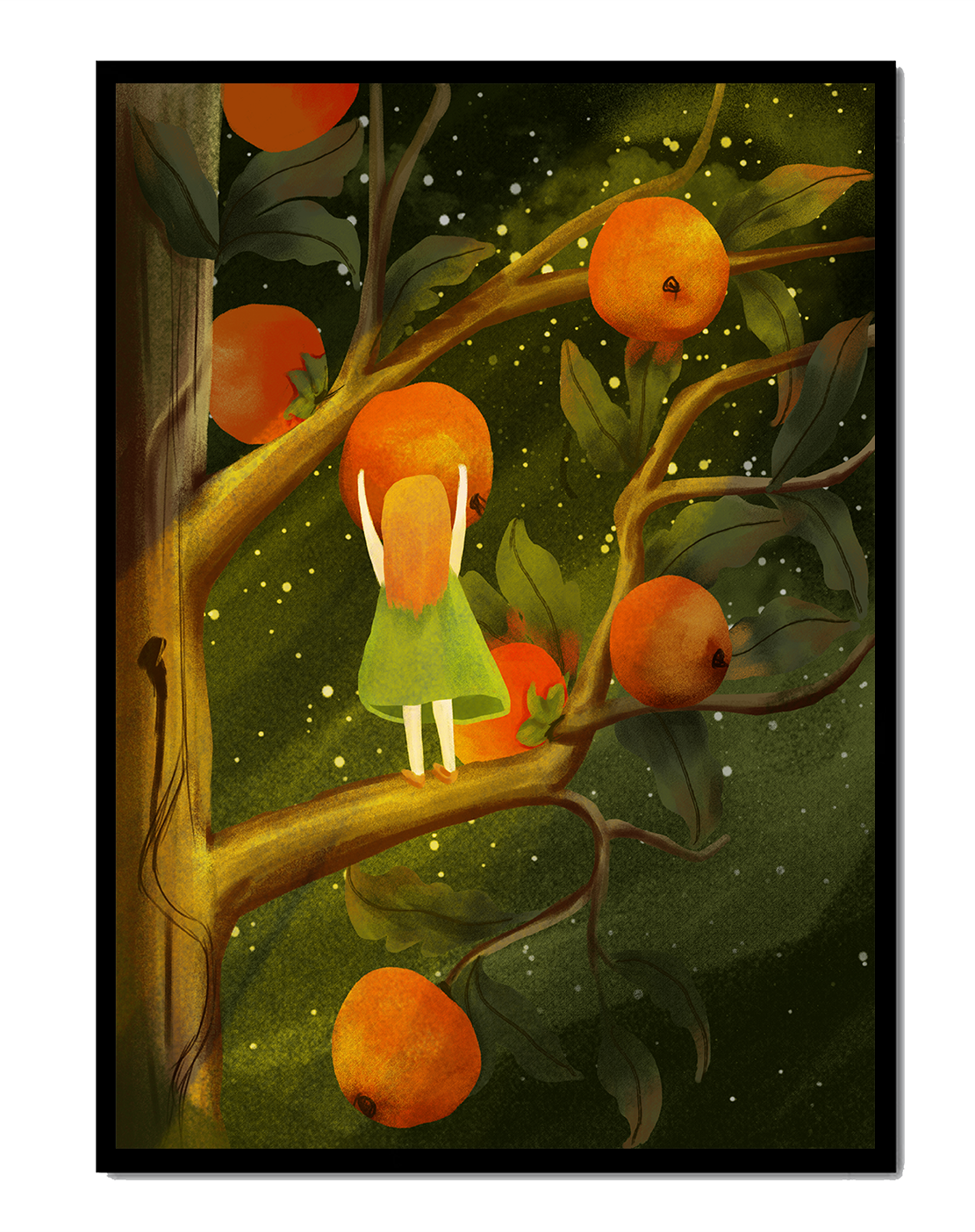 Little Girl Picking Oranges on a Starry Night