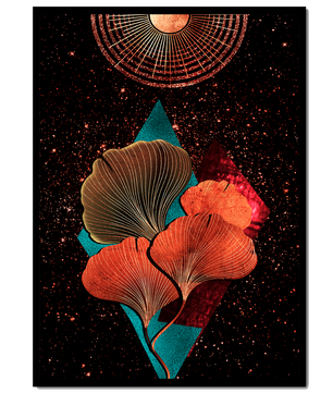 Traducción al español: Ilustración floral cósmica abstracta con elementos geométricos y acentos dorados