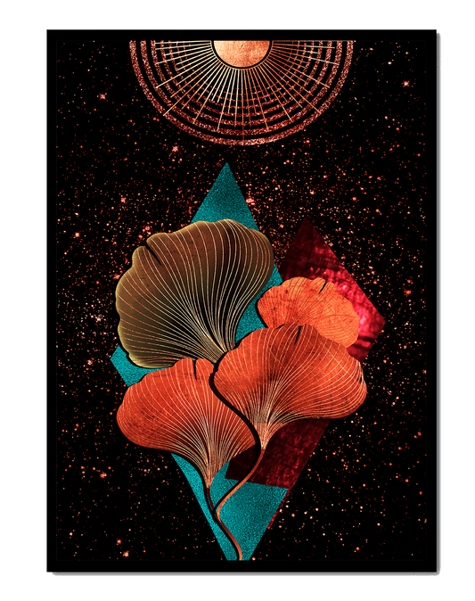 Abstract cosmic floral illustration with geometric elements and golden accents