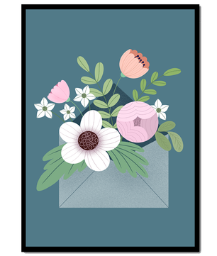 Bouquet floral illustré sortant d'une enveloppe sur un fond bleu sarcelle
