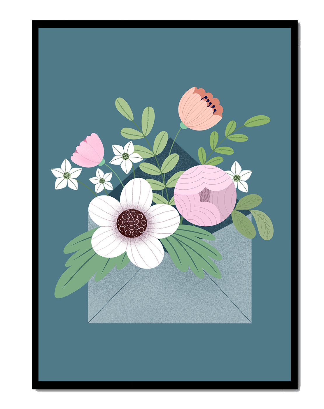 Bouquet floral illustré sortant d'une enveloppe sur un fond bleu sarcelle