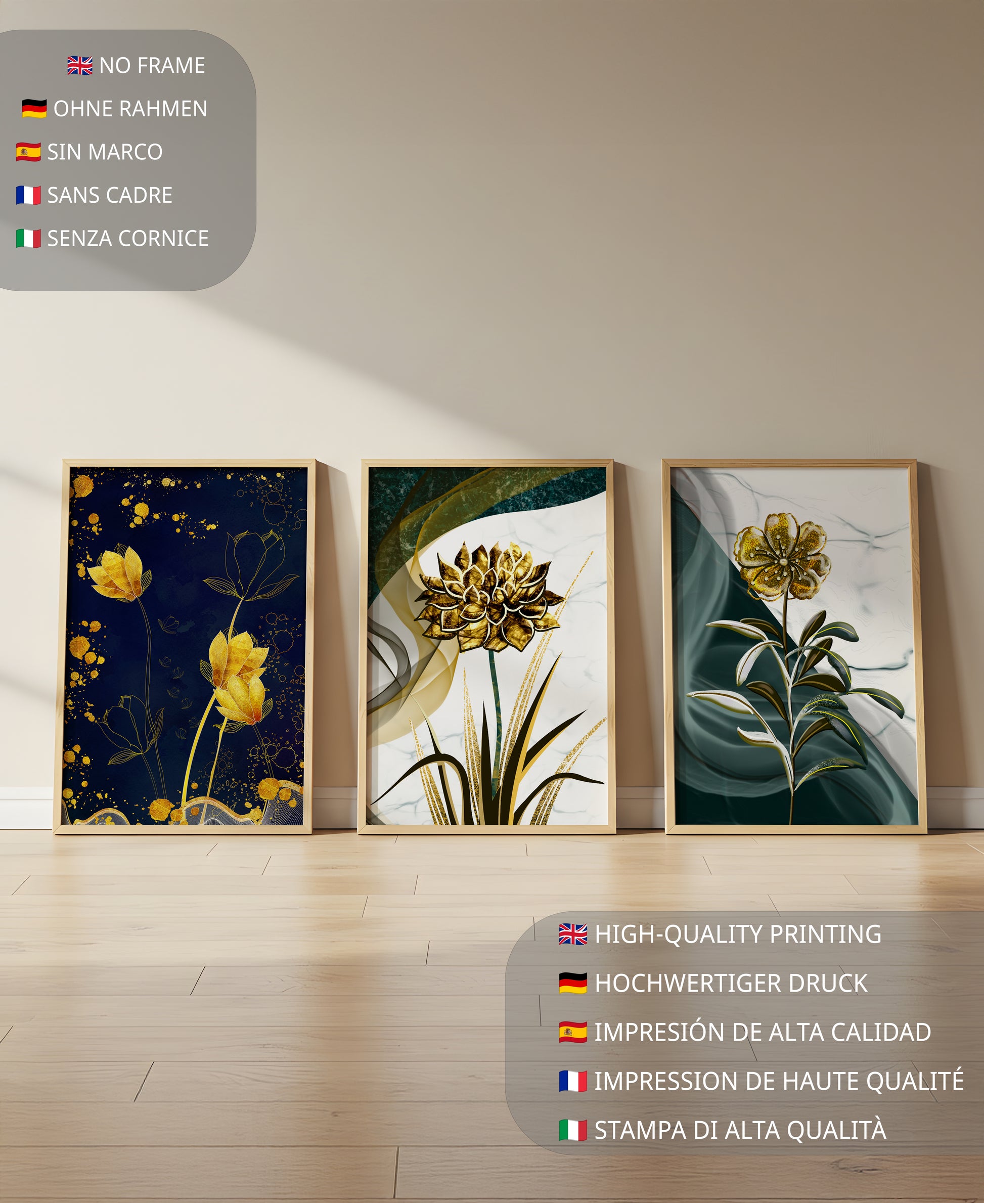 Decoración de Pared con Flores Doradas sobre Fondos Artísticos