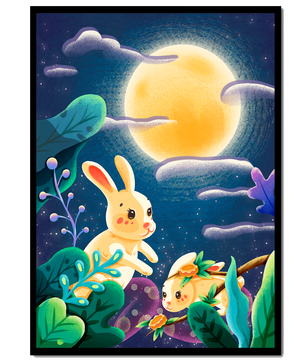 Charming illustration of rabbits under a full moon in a vibrant night garden