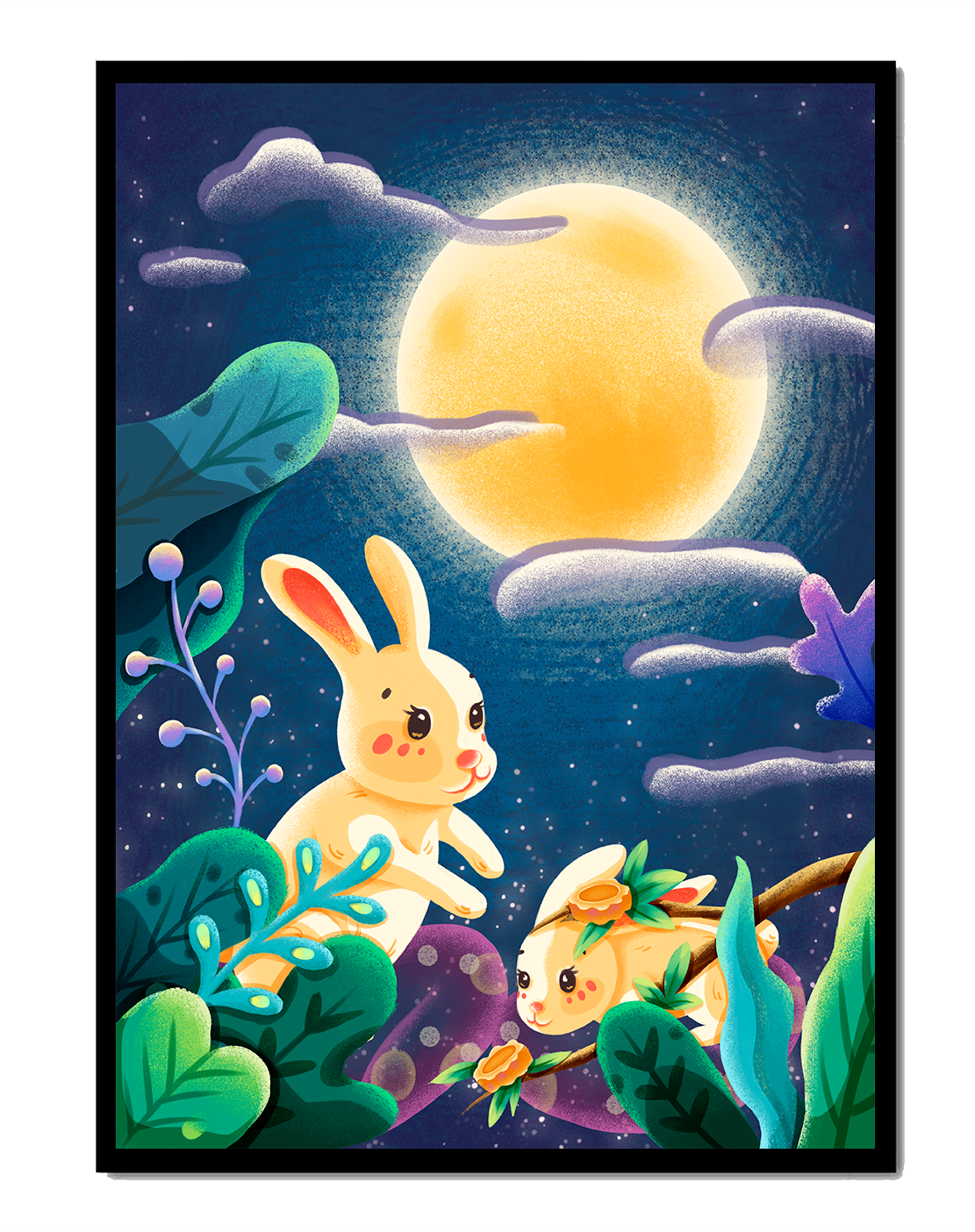 Charming illustration of rabbits under a full moon in a vibrant night garden