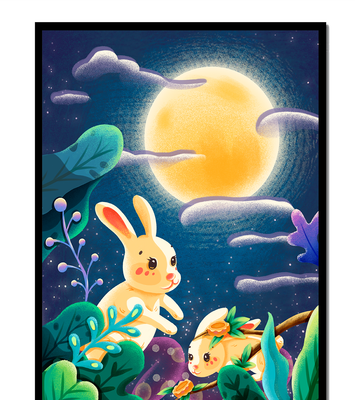 Charming illustration of rabbits under a full moon in a vibrant night garden