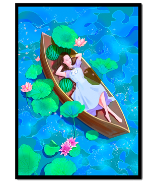 Serene illustration of a girl relaxing in a boat surrounded by lotus leaves and flowers