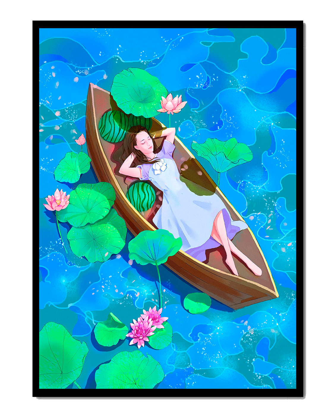 Serene illustration of a girl relaxing in a boat surrounded by lotus leaves and flowers