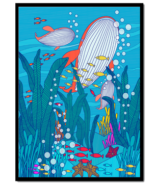 Underwater world illustration with whales and fish amidst seaweed