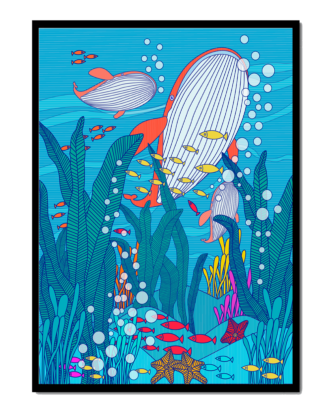 Underwater world illustration with whales and fish amidst seaweed