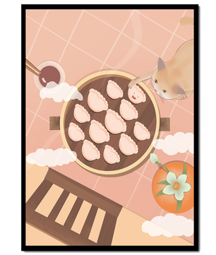 Gato alcanzando dumplings en una mesa con azulejos rosas y naranjas con palillos