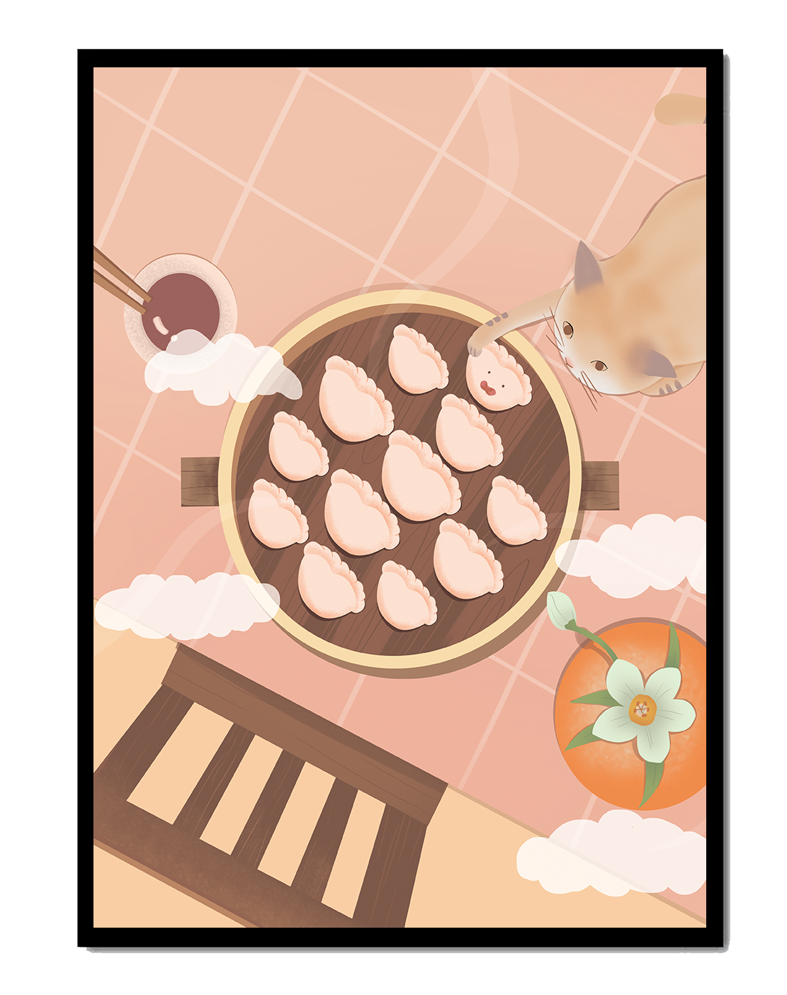 Gato alcanzando dumplings en una mesa con azulejos rosas y naranjas con palillos