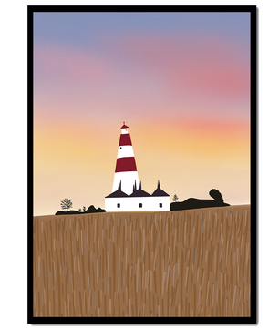 Lighthouse at Dusk with Colorful Sky and Field Landscape