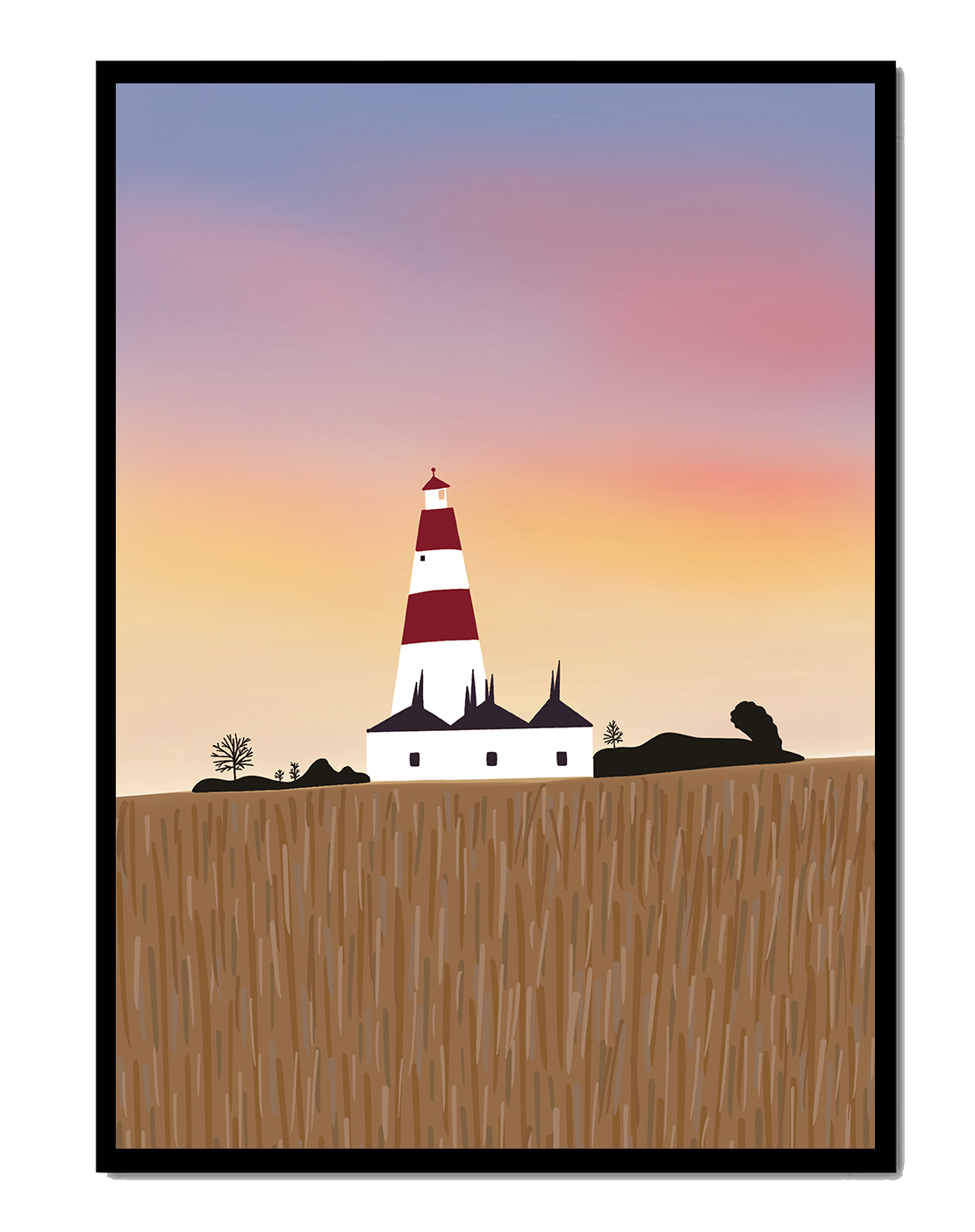 Lighthouse at Dusk with Colorful Sky and Field Landscape