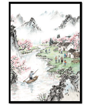 Idyllic Village Scene with Cherry Blossoms and a River
