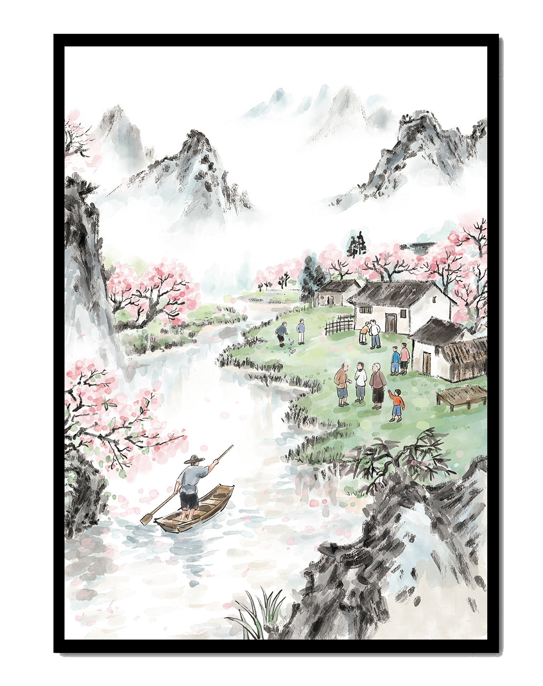 Idyllic Village Scene with Cherry Blossoms and a River