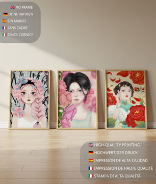 Ensemble de portraits féminins avec des fleurs dans un style artistique moderne