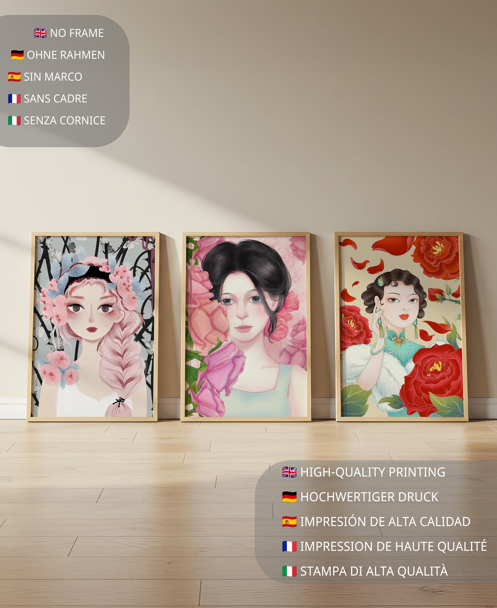 Ensemble de portraits féminins avec des fleurs dans un style artistique moderne