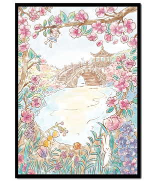 Serene Spring Landscape with Blossoming Cherry Trees and Bridge