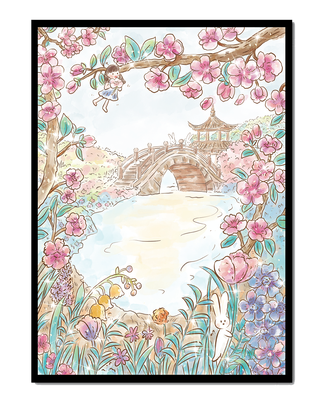 Serene Spring Landscape with Blossoming Cherry Trees and Bridge
