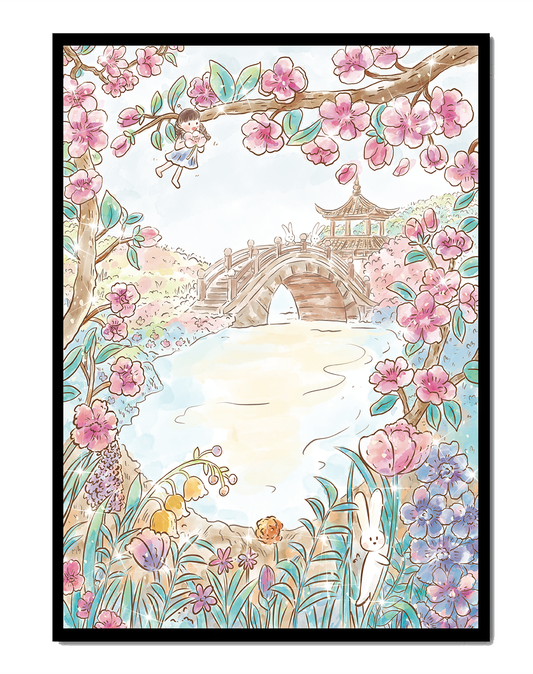 Serene Spring Landscape with Blossoming Cherry Trees and Bridge