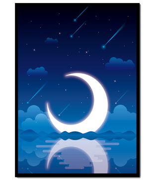 Serene night sky with crescent moon reflecting on water