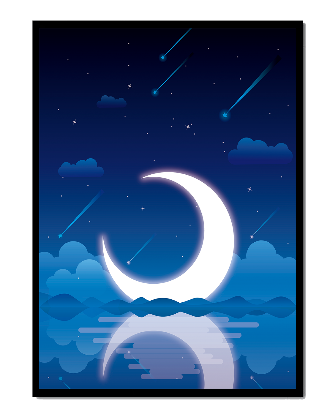 Serene night sky with crescent moon reflecting on water