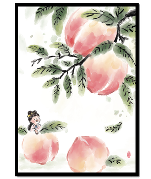 Encantadora ilustración de una chica entre flores de melocotón y hojas verdes