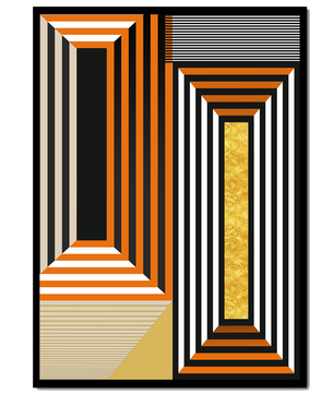 Arte abstracto geométrico con rayas y elemento dorado en naranja, negro y blanco