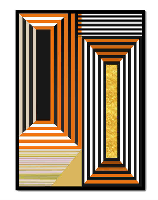 Geometric Abstract Art with Stripes and Gold Element in Orange, Black, and White
