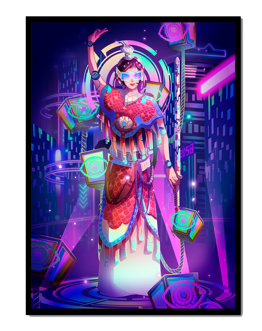 Futuristic warrior in vibrant neon cityscape with digital elements