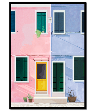 Casas pastel encantadoras con puertas y ventanas coloridas