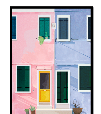 Charming pastel houses with colorful doors and windows