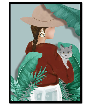 Modern botanical woman portrait – minimalistic female wall art with nature and cat - Mi tienda
