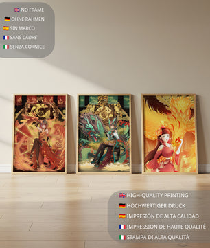 Triptyque d’art fantastique avec des figures mythiques dans des cadres dorés