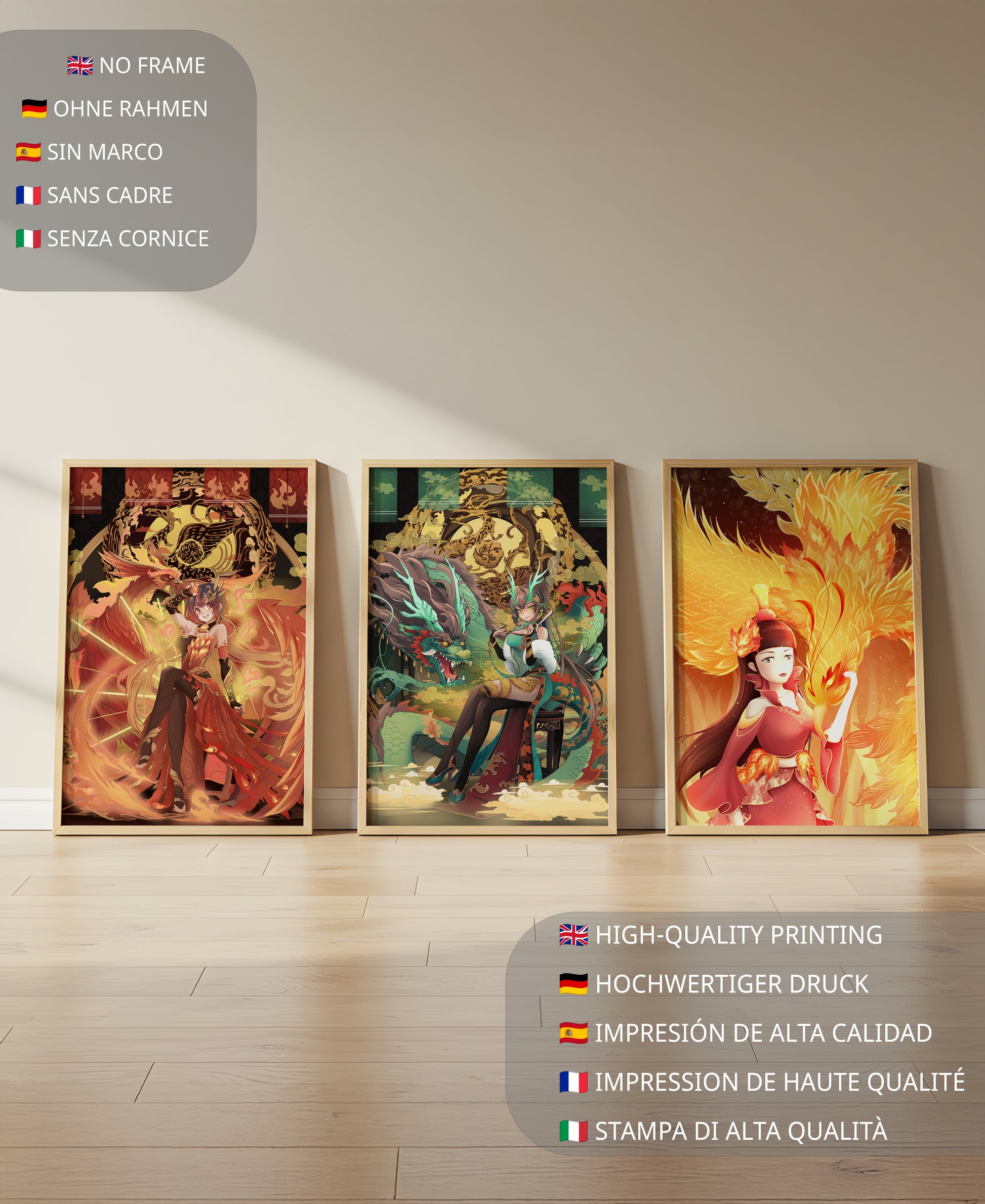 Tríptico De Arte Fantástico Con Figuras Míticas En Marcos Dorados