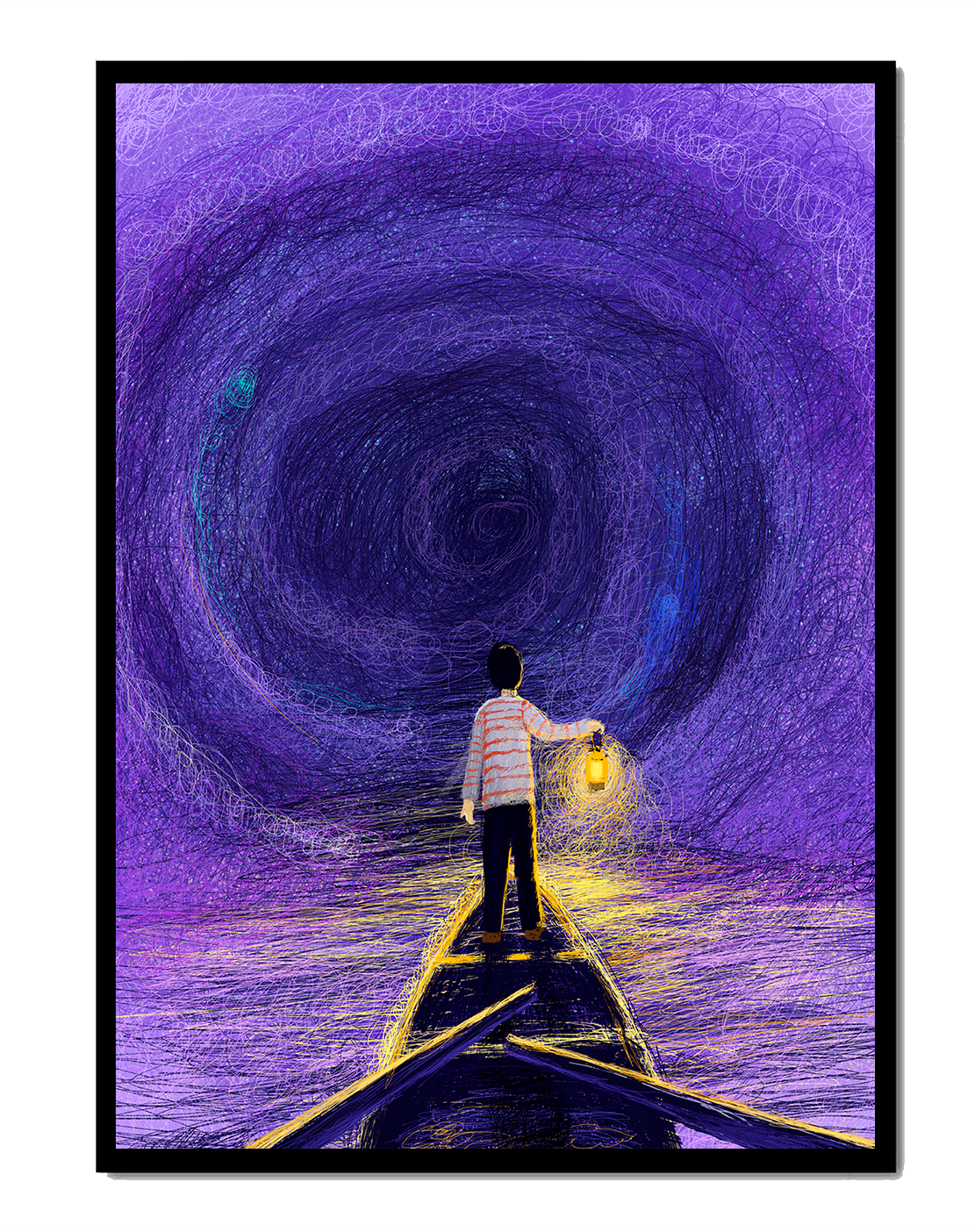 A boy holding a lantern on a boat in a swirling purple vortex