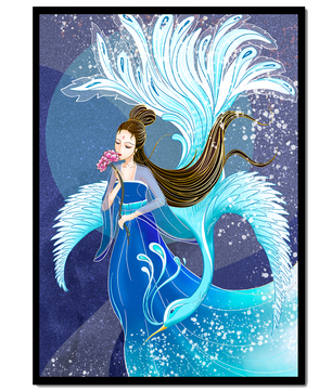 Elegant woman with floral motif and ethereal bird illustration