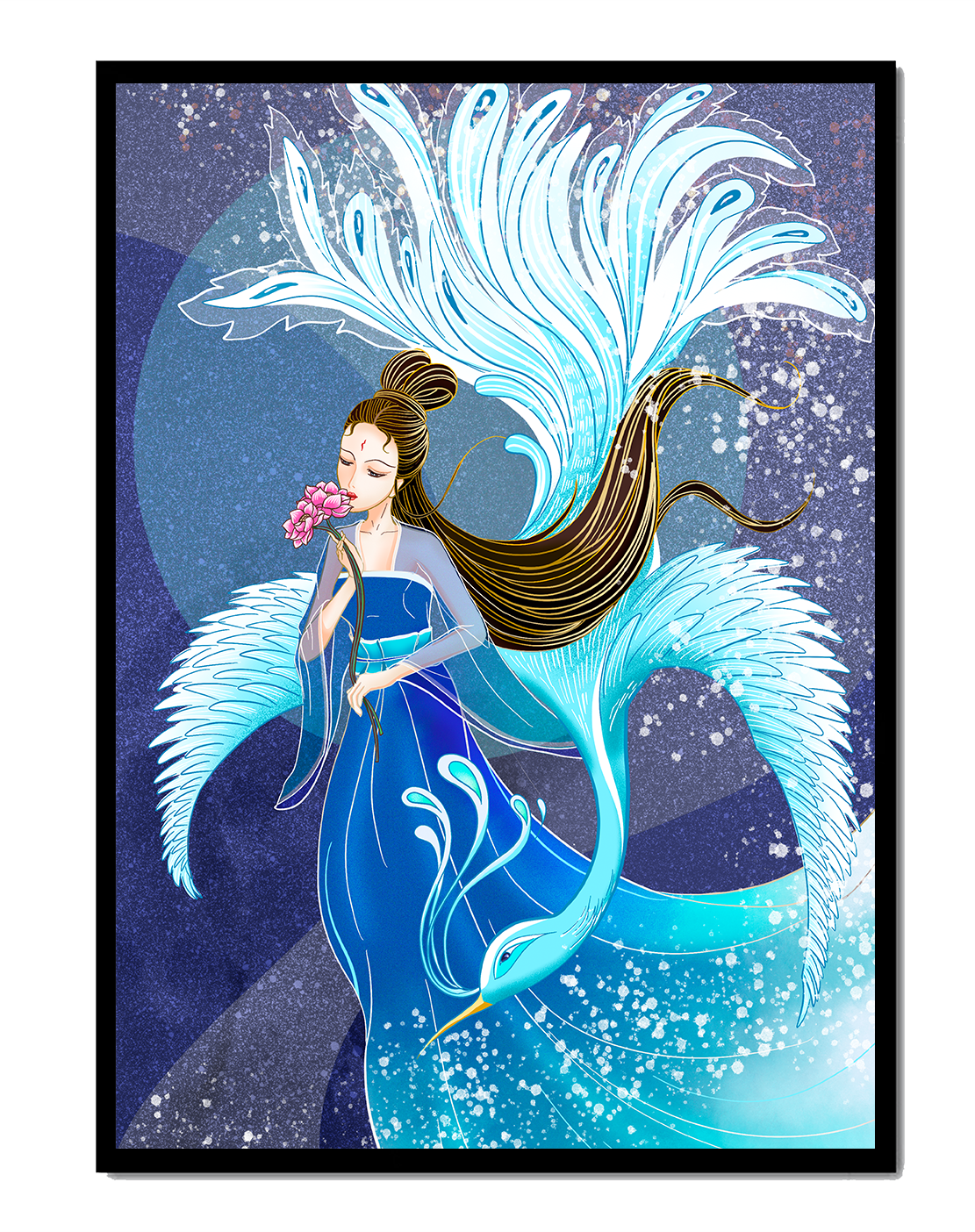 Elegant woman with floral motif and ethereal bird illustration