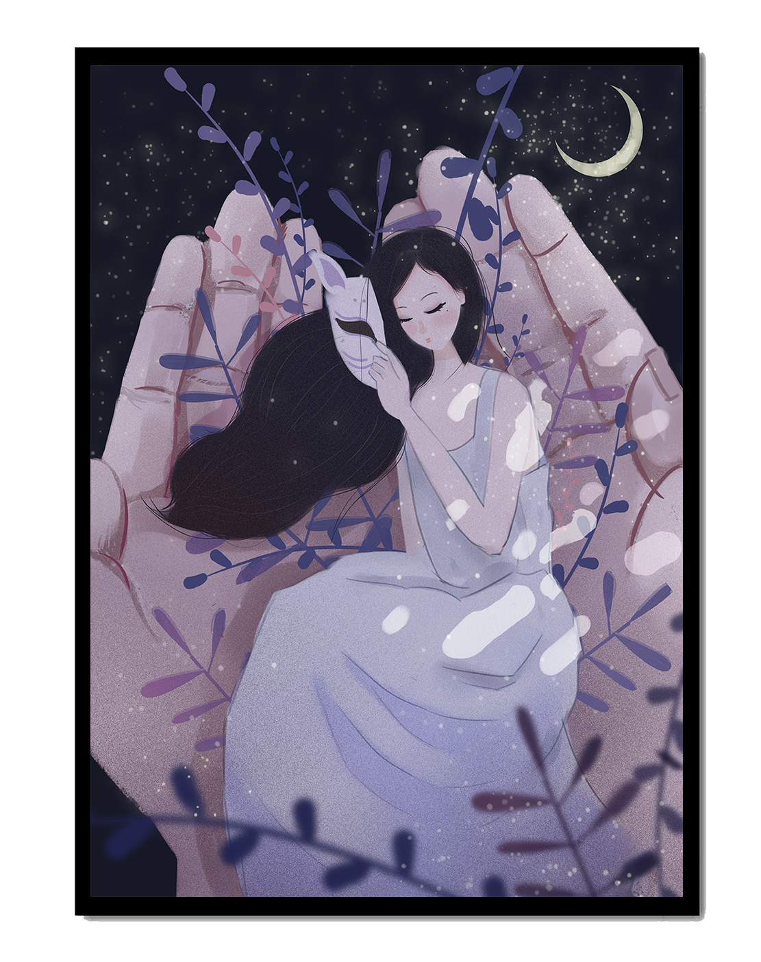 Un momento tierno bajo la luz de la luna con máscara y atmósfera onírica